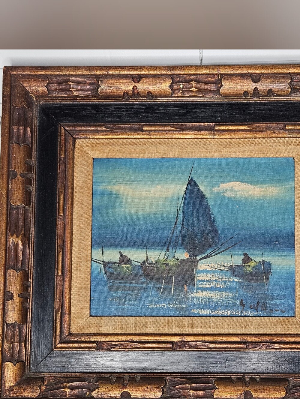 Vintage MCM Framed Original Oil Painting Sailing Boat Seascape Wall Art - Blue